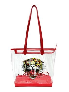 Ed Hardy Clear Tote with Red Trim and Tiger Graphic